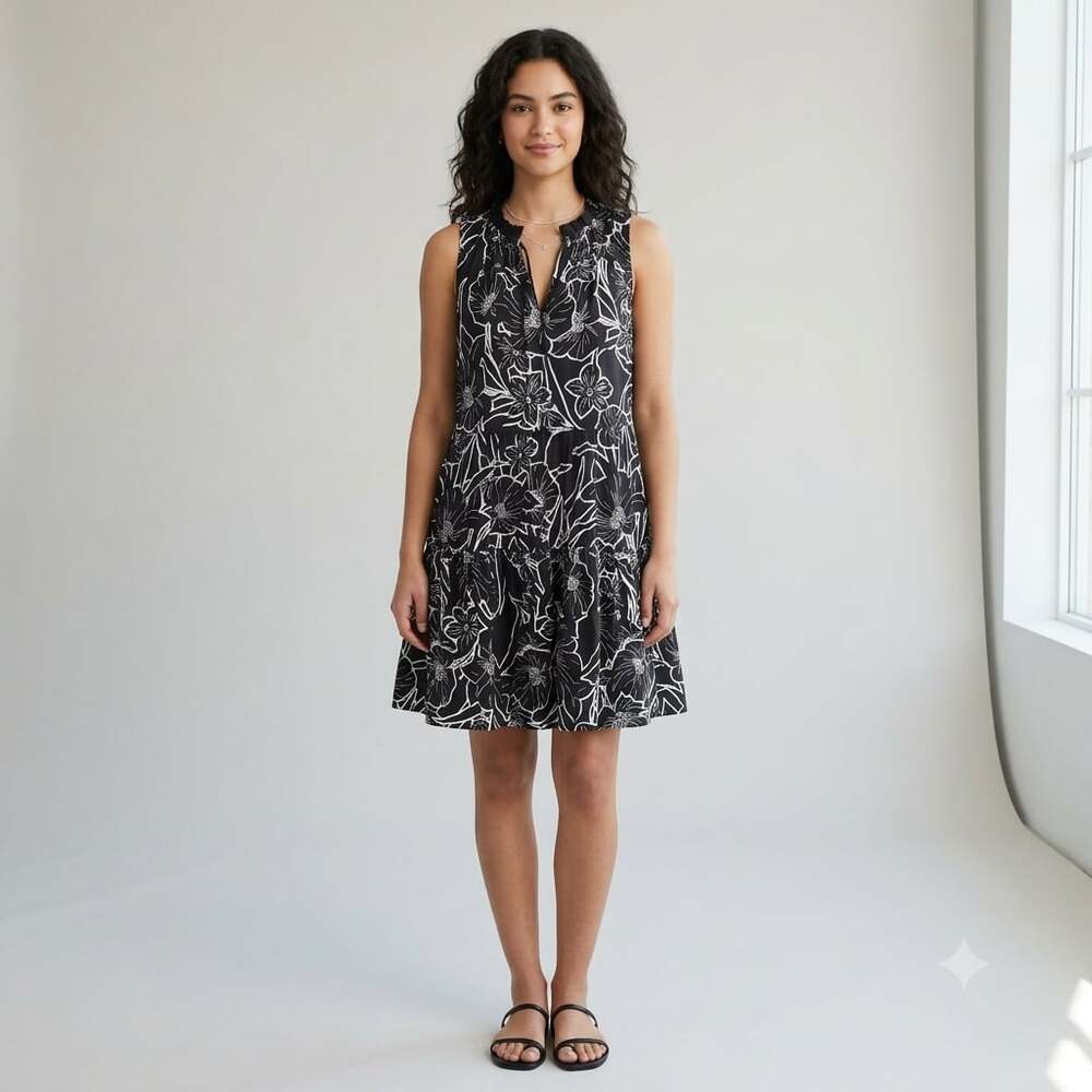Steve Madden Sleeveless Tiered Cotton Mini Dress in Black Floral Print Z135JC